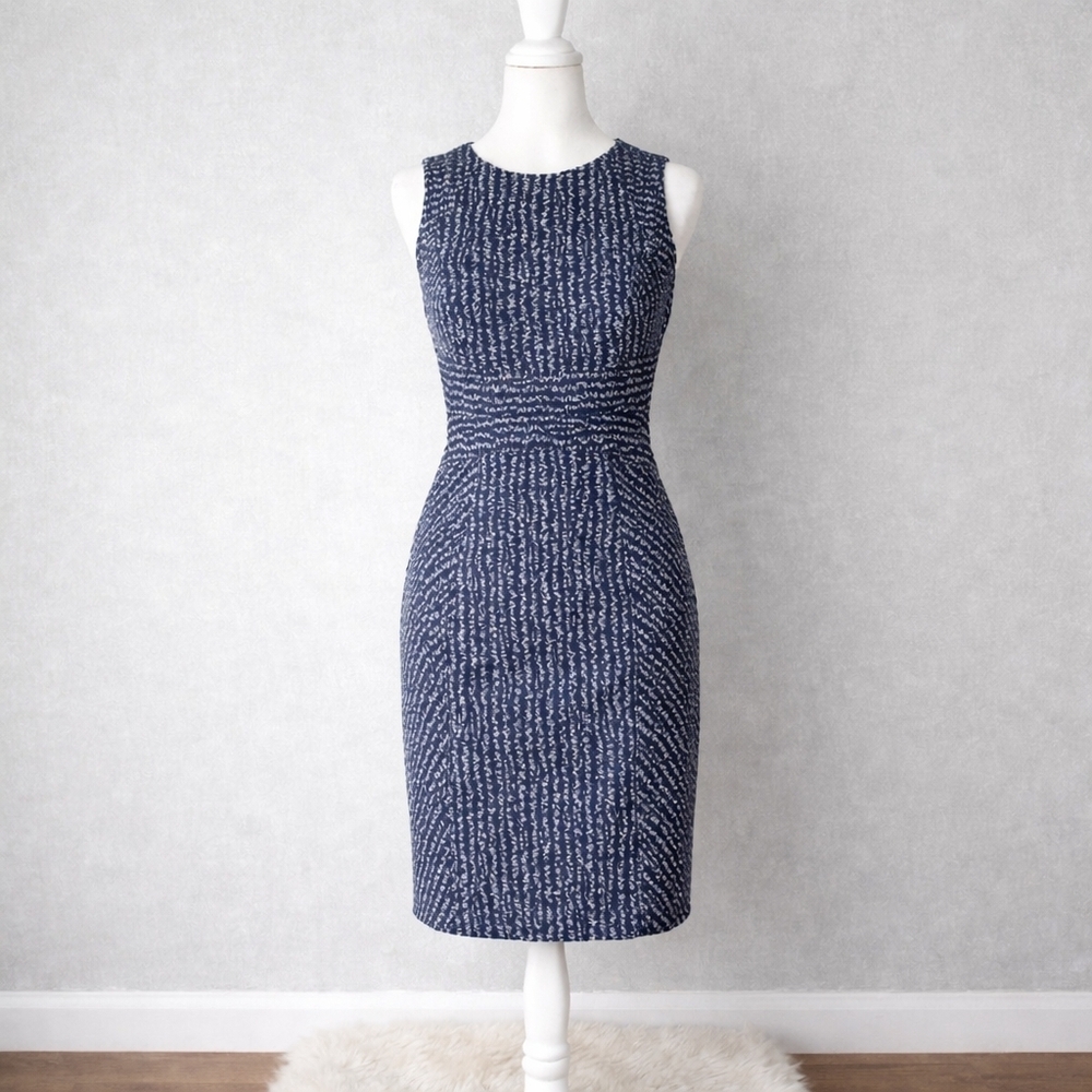 Shoshanna Sleeveless Navy Jacquard Sheath Tailored Cocktail Formal Midi Dress